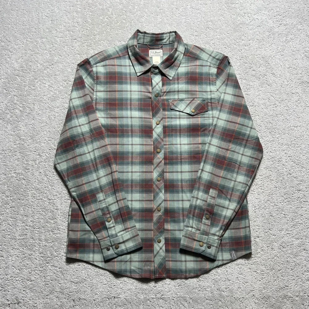 LL Bean Mountainside Brushed Performance Shirt Mens M Plaid Red Green Snap Front - Picture 2 of 16